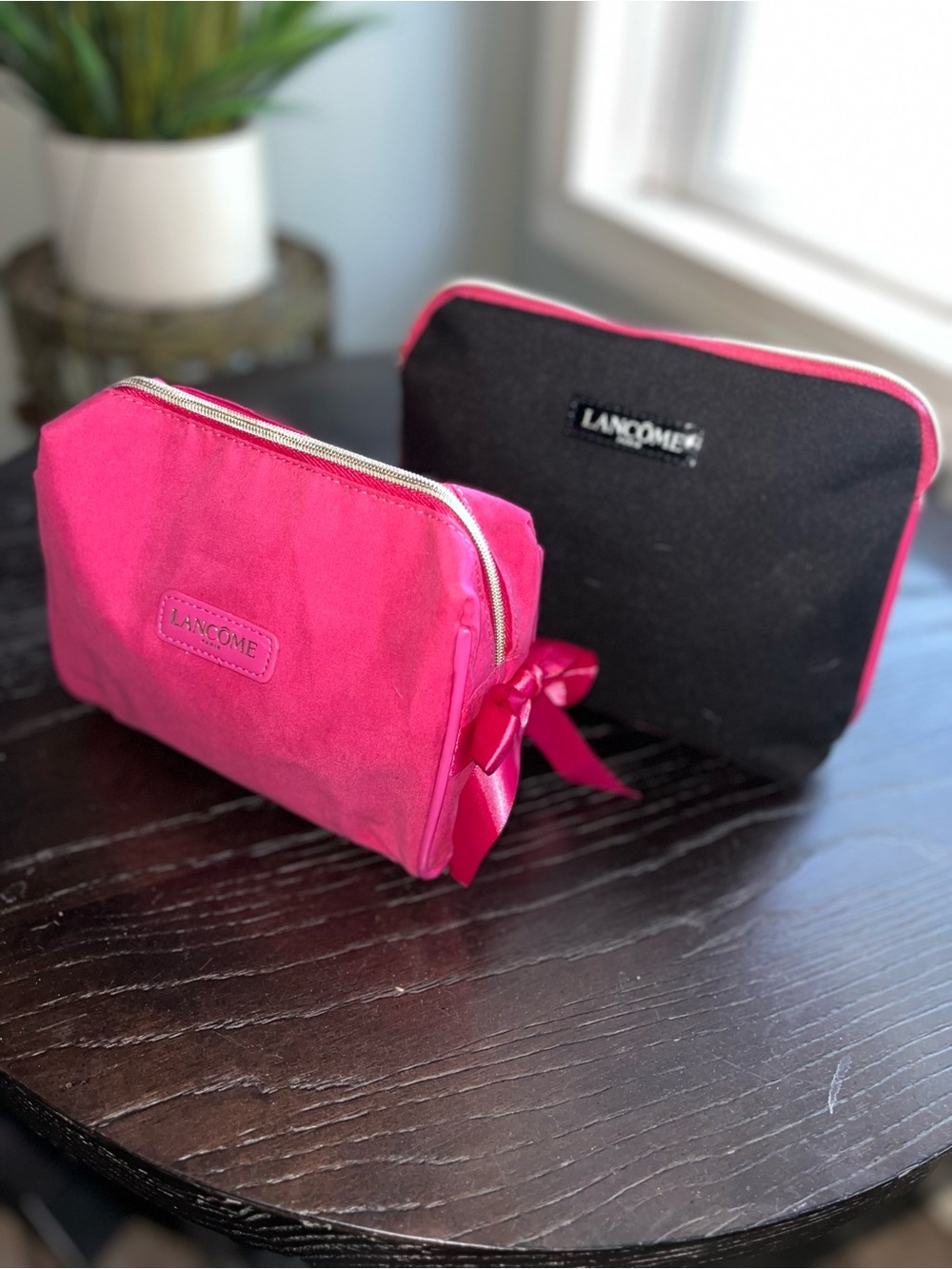 Lancôme Cosmetic Bag Lot of 2 Never Used In Velvet Fabric Pink and Black